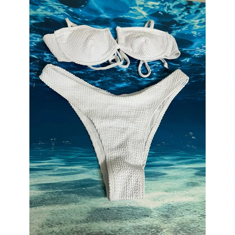 ☀️White Smocked Underwire Bikini Set High Cut Cheeky Two Piece Swimsuit